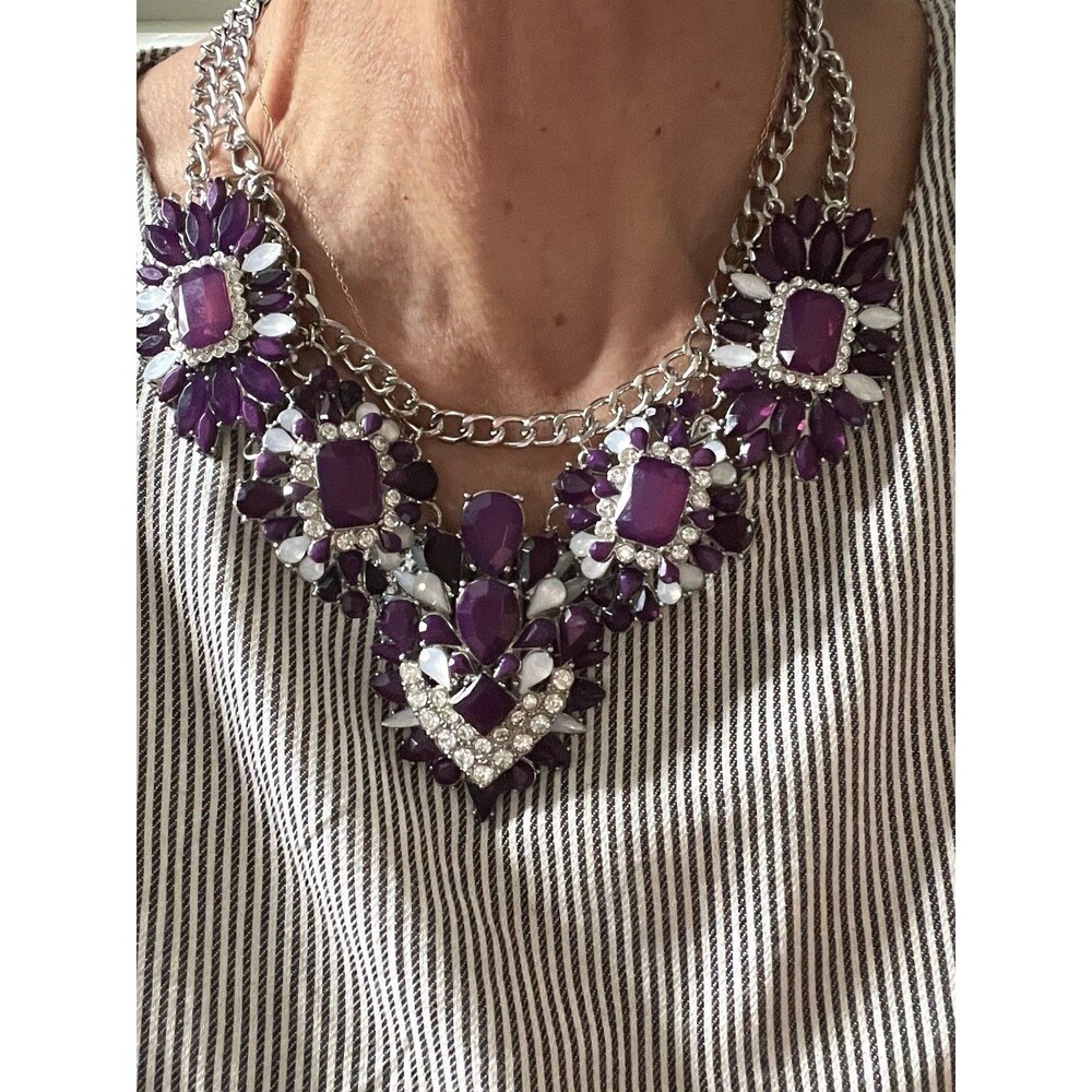 Purple Rhinestone Floral Bib Statement Necklace Silver Tone Chunky Crystal